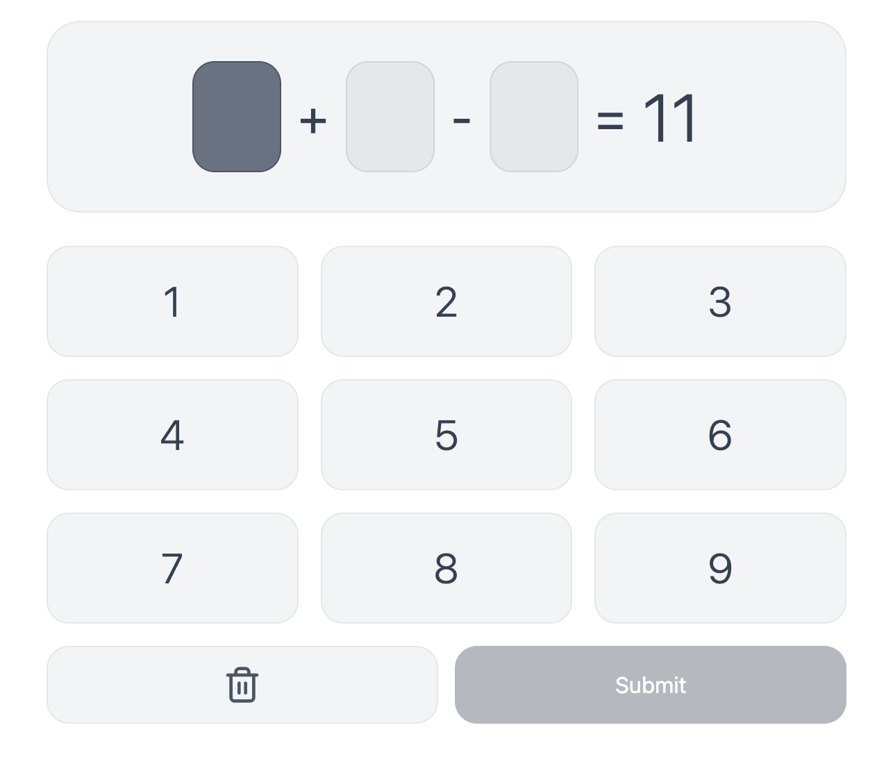 digitChallenge easy example with three slots and target 11.