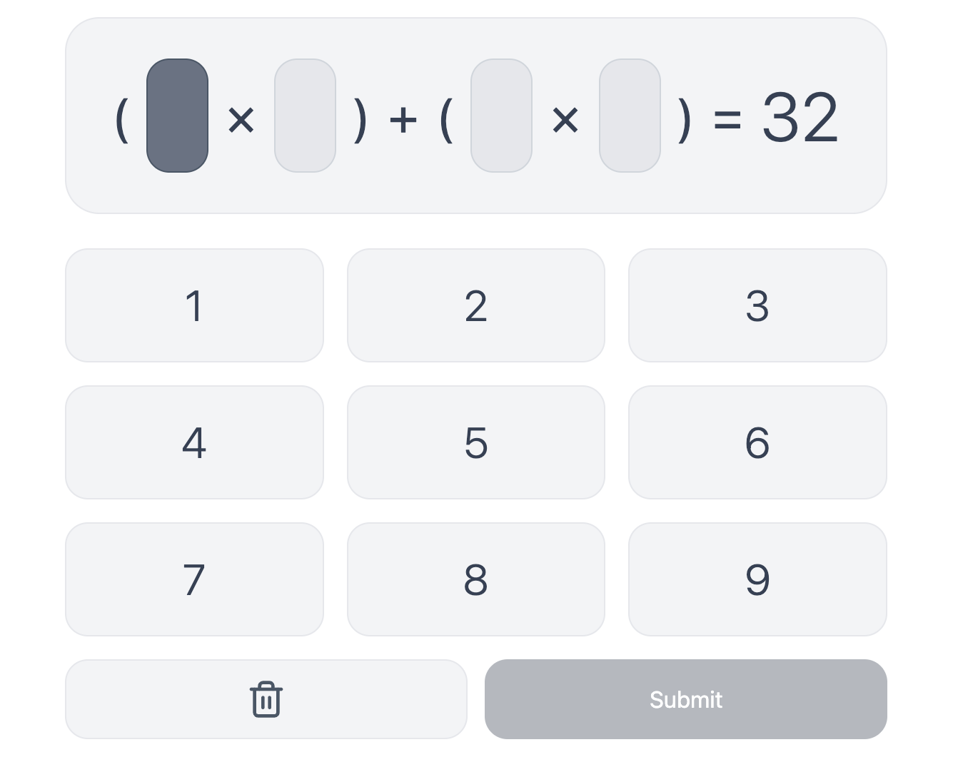 digitChallenge hard example with two bracketed multiplication terms and target 32.